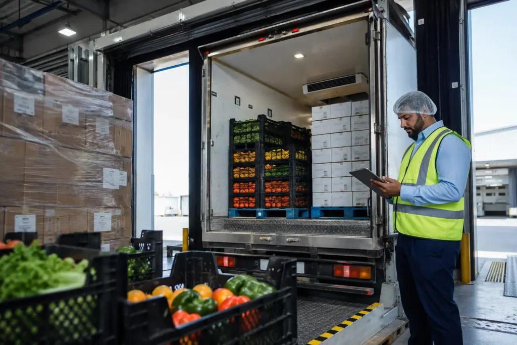 Food safety inspector checking temperature log on a refrigerated delivery truck loading dock in the UAE with produce crates visible