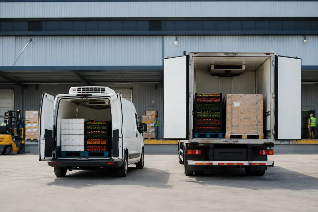Side by side comparison of a chiller van and a larger freezer truck parked at a UAE loading bay with open rear doors showing insulated cargo holds
