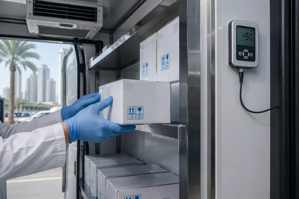 Pharmaceutical grade refrigerated van interior showing insulated shelving and digital temperature data logger during cold chain delivery in the UAE
